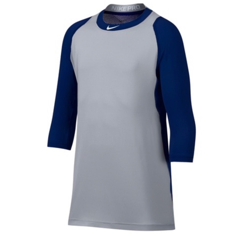 EUC NIKE Men's Pro Cool Reglan ¾-Sleeve Baseball Shirt Medium Gray/Navy Fitted